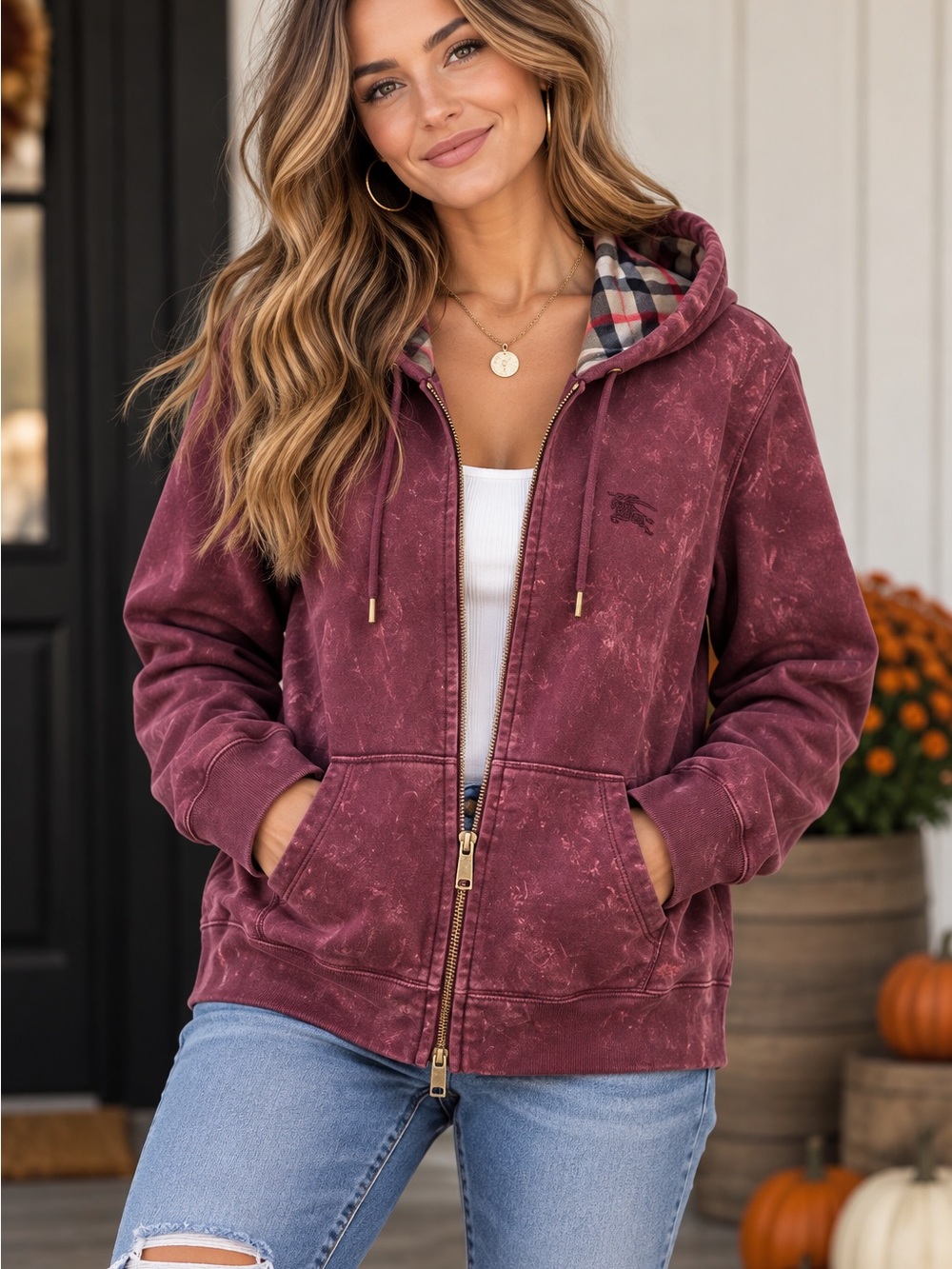 Upcycled Genuine Burberry London Hoodie Jacket Medium OOAK Bleach Dyed Burgundy